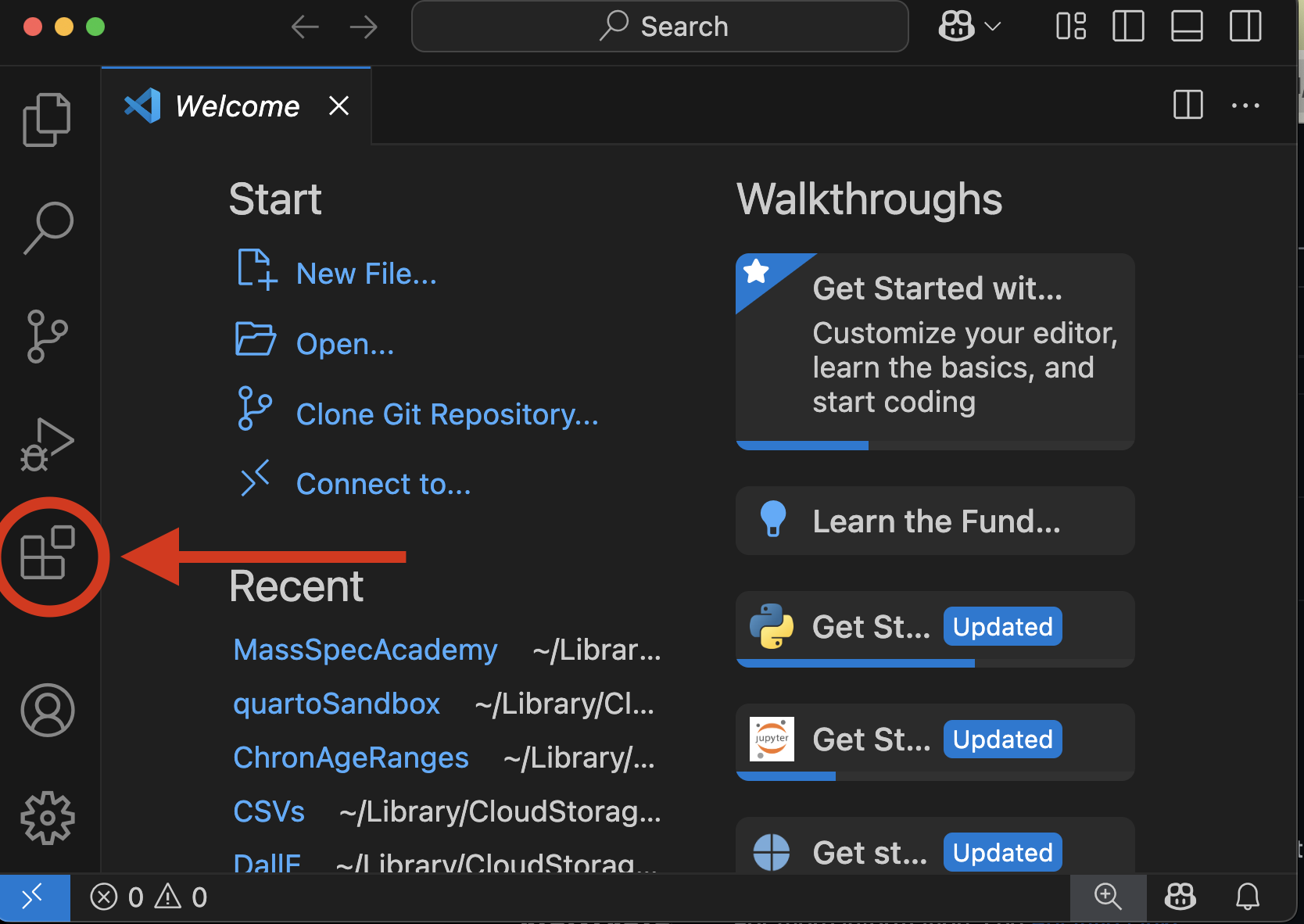 VS Code Extensions Button
